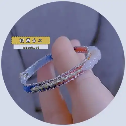 翡翠竹节手牌蜡线手工编绳银镀金猫爪扣