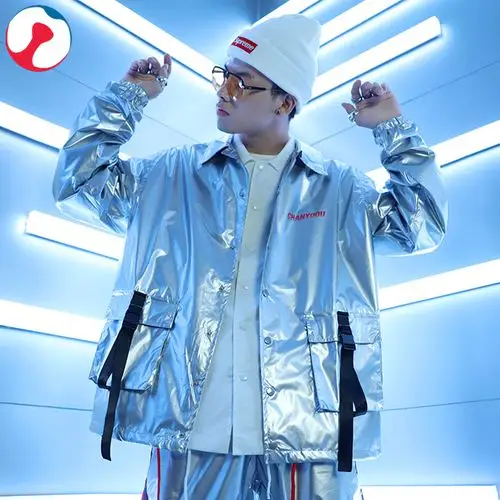 秋季夜店酒吧dj歌手演出服装潮牌街舞个性宽松嘻哈时尚银色外套男