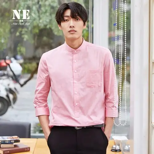 衬衫19春新品英伦修身韩版粉色套头男七分袖时尚休闲立领中袖衬衫