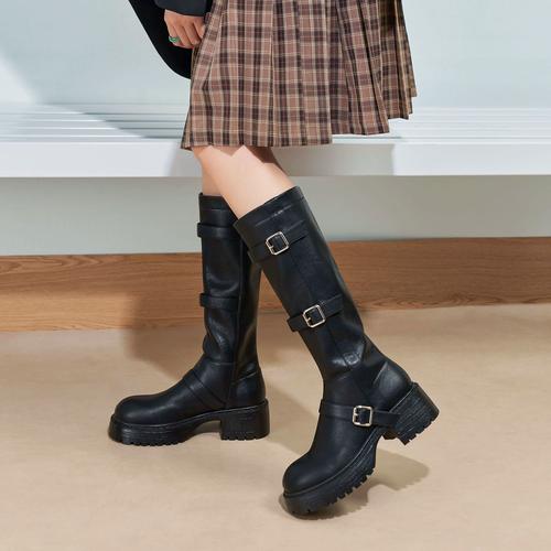 玛速主义2023新款厚底西部牛仔骑士靴女冬不过膝复古长筒靴马丁靴