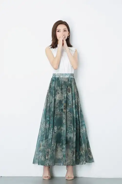 外贸半身裙波西米亚度假长裙夏高腰a字裙大码印花雪纺半身裙大摆