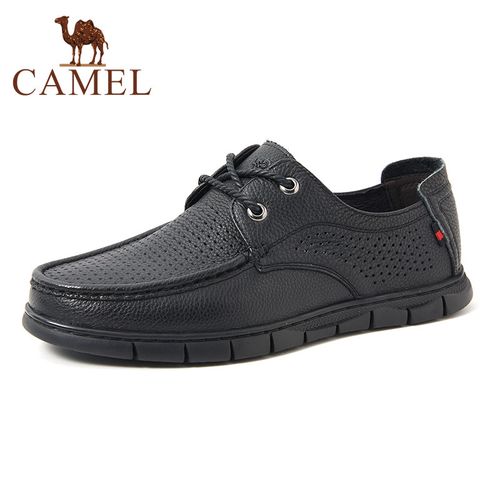 camel骆驼男鞋夏季透气真皮休闲镂空皮鞋系带男士软皮软底洞洞鞋