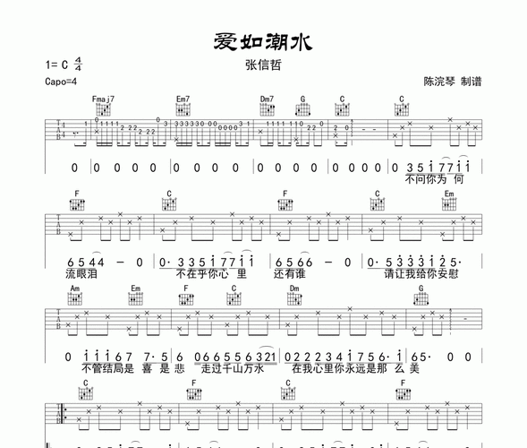 张信哲-爱如潮水吉他谱六线谱