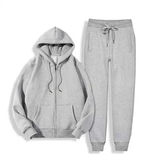 浅灰色卫衣套装女春秋薄款纯棉宽松拉链开衫连帽两件套冬加绒加厚