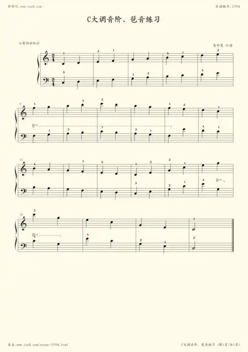 《c大调音阶,琶音练习,钢琴谱》钢琴实用教程(五线谱 钢琴曲 指法)-弹