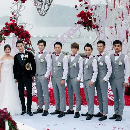陈晓陈妍希婚礼伴郎服灰色休闲 男士结婚礼服西装三件套西服套装_7折
