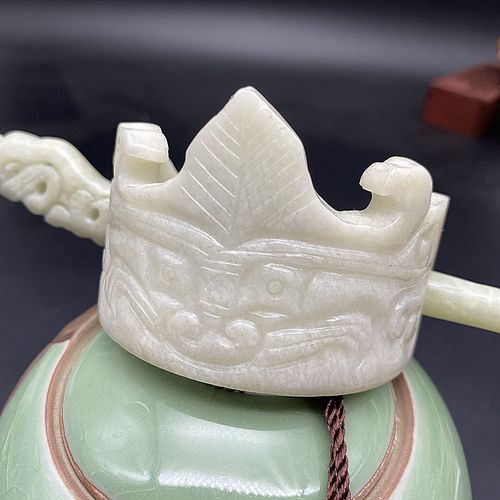 岫玉糯白发冠头饰发饰兽面纹帽冠玉冠古风汉服盘头束发玉簪子玉冠