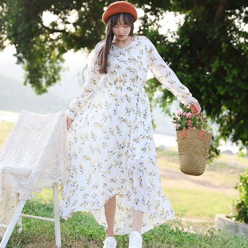 森系学生碎花雪纺裙子显瘦显高气质及踝长裙秋 田园风连衣裙女长款