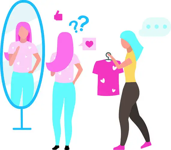 时尚达人选择 t 恤, i>店 /i>员帮助年轻女孩在试 i>衣 /i>间卡通人物