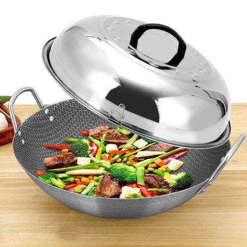 不锈钢炒锅双耳钢锅厨房蜂窝不粘圆特大号炒菜菜锅炒锅