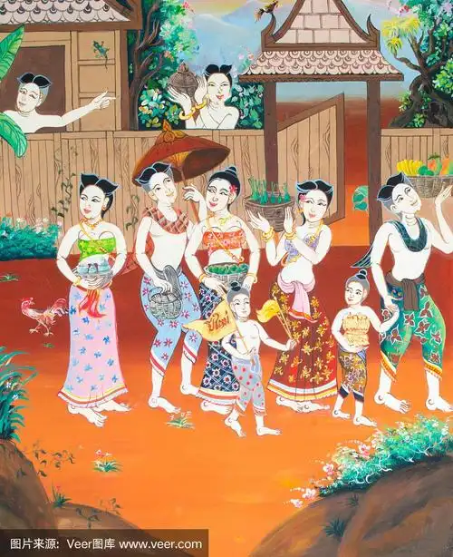 艺术泰国画在墙上的寺庙.