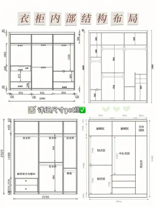 衣柜不同功能区的黄金比例尺寸:95衣柜整体深度控制在55cm-65cm