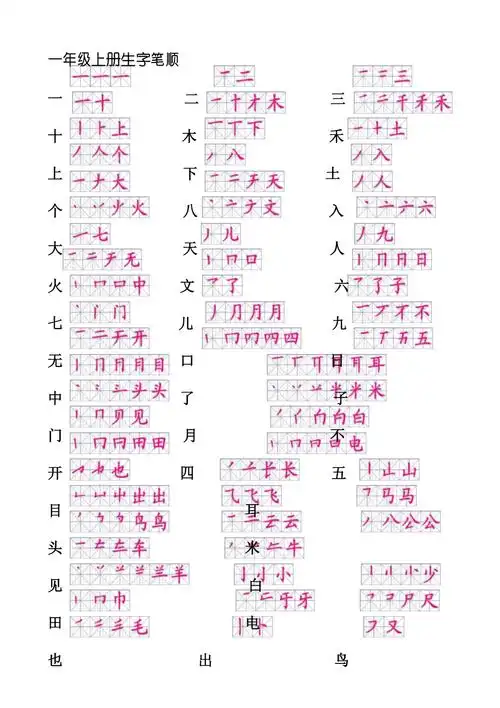 一年级上册生字笔顺