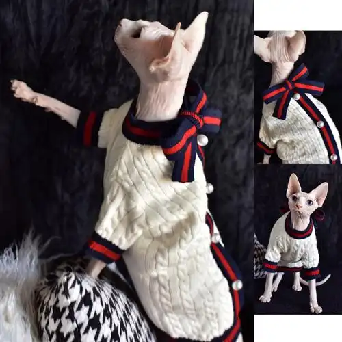 yh-网红大牌小香风珍珠蝴蝶结可爱潮斯芬克斯无毛猫衣服毛线德文