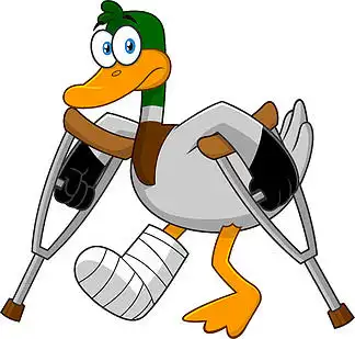 悲伤的鸭子 i>卡 /i> i>通 /i>人物拄着拐杖和贴满了腿.