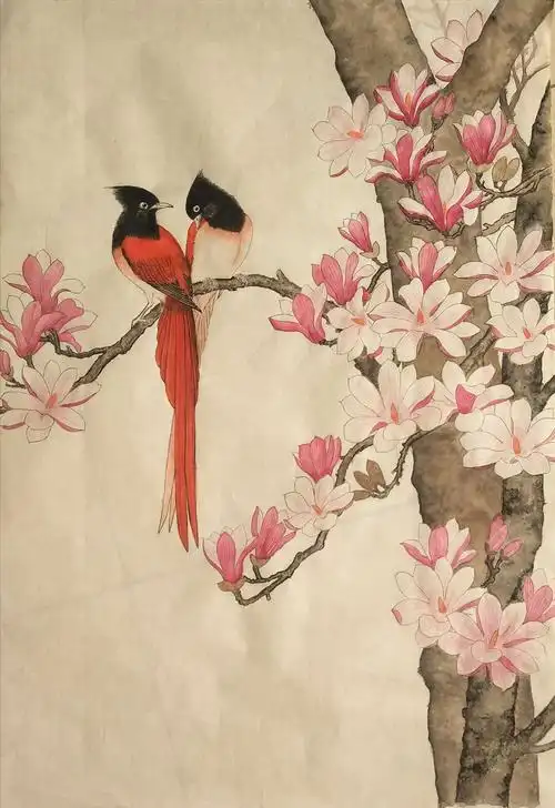 工笔花鸟:玉兰寿带