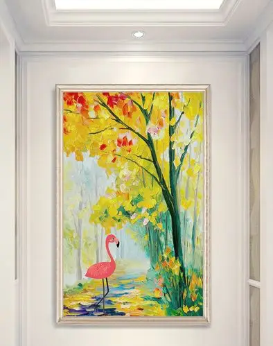 现代手绘创意油画树林鹤玄关装饰画