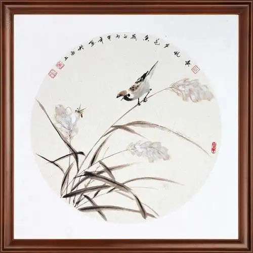 斗方手绘长空写意花鸟圆形花鸟国画手绘花鸟圆形带卡纸写意花鸟斗方