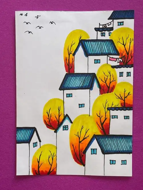 用马克笔画横线竖线,点一点涂一涂,就是一幅秋日美景啦～快收藏起来一