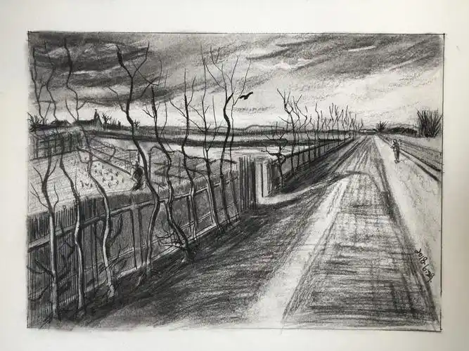 速写临摹 梵高《乡村的道路》0.1勾线笔,钢笔 碳条