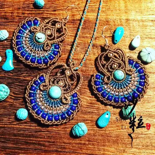 沙粒手作 绿松石macrame编绳耳环/项链材料包图文教程