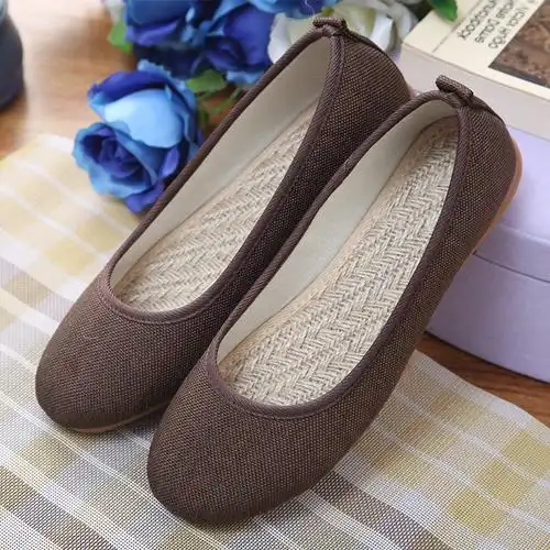 布鞋女老北京中老年妈妈鞋平跟平底浅口舒适软底纯色亚麻布豆豆鞋