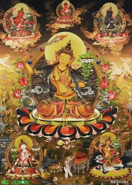 请朋友们欣赏一组编号为138-396610,尼泊尔画派大幅面的文殊菩萨唐卡