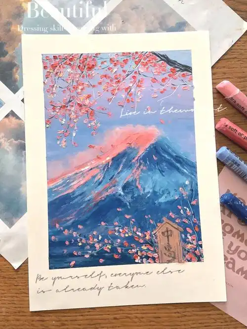 油画棒风景作品富士山下的樱花附教程