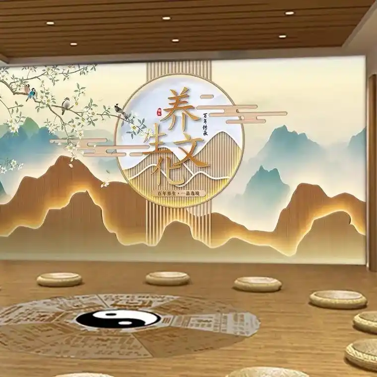 新中式8d茶室墙纸茶道背景墙茶艺壁画立体