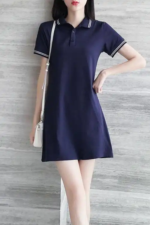夏新款显瘦运动休闲短袖大码polo衫领中长款t恤连衣裙女