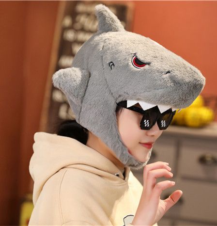 动物头套毛绒_ins韩潮流可爱卖萌毛绒玩具睡帽鲨鱼动物头套拍照神奇