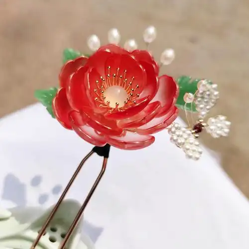 映出发簪汉服发饰制发古风琉璃花簪芍药红色发饰