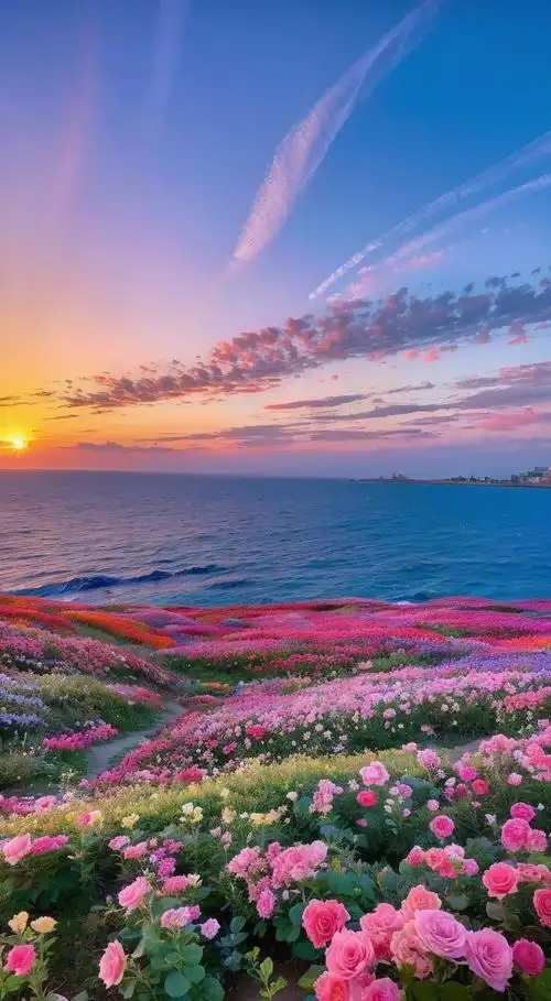 在黄昏时分,天边绽放出美丽的彩霞满天, 蓝色的大海在阳光的照耀下波