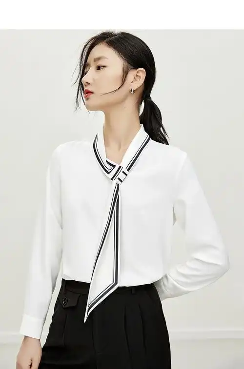 尚都比拉通勤ol印花飘带领衬衫女早秋长袖上衣设计感小众气质衬衣