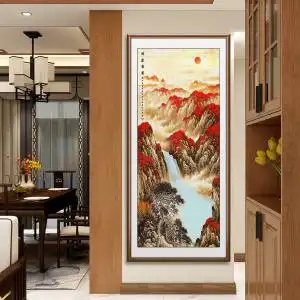 鸿运当头挂画聚宝盆山水画入户门正对墙玄关画竖版进门招财画镇宅
