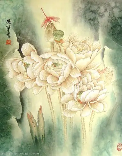 关键词:工笔花卉 荷花 池塘 红蜻蜓 陈拥军 文化艺术 绘画书法 设计