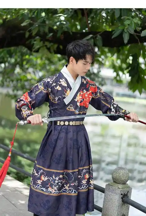 飞鱼服锦衣卫男士直袖汉服国风印花藏蓝霸气龙纹表演服品质定 米黄色