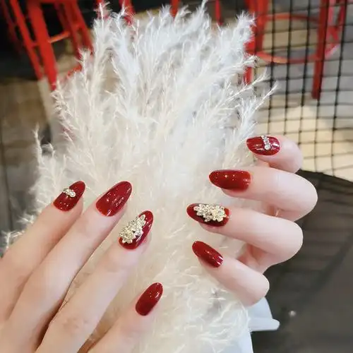 新娘新年穿戴甲花开富贵可拆卸美甲成品显白深酒红长款假指甲贴片