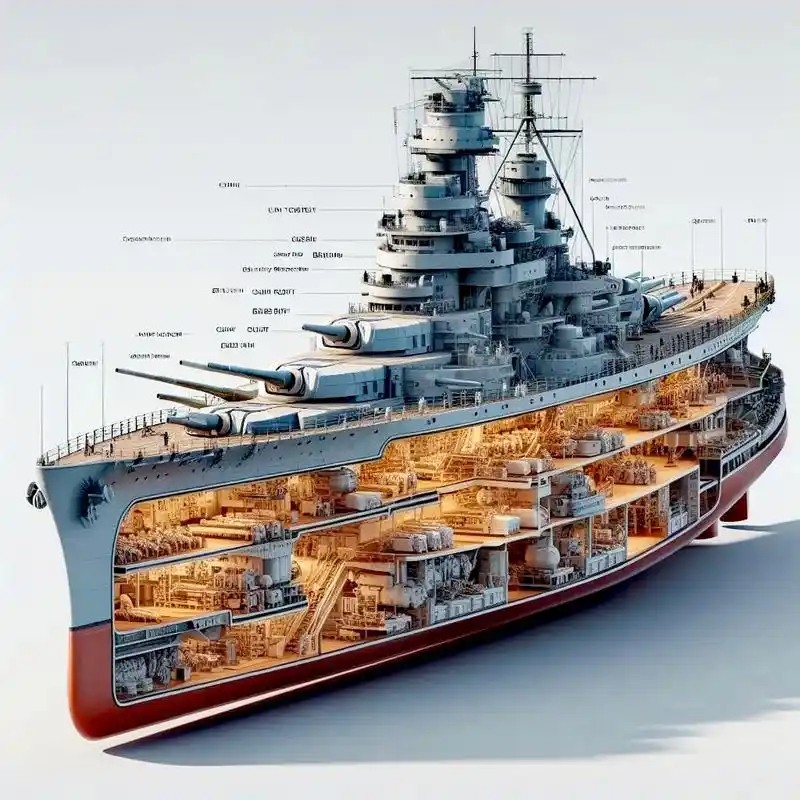 ai生成的一组战舰剖视图插画作品,展现了战列舰的外形和结构,布局有些