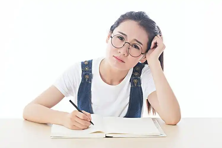 写作,和,坐,女孩,木桌,迷人