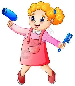 带梳子和吹风机的可爱金发女郎发型师的矢量插图图片