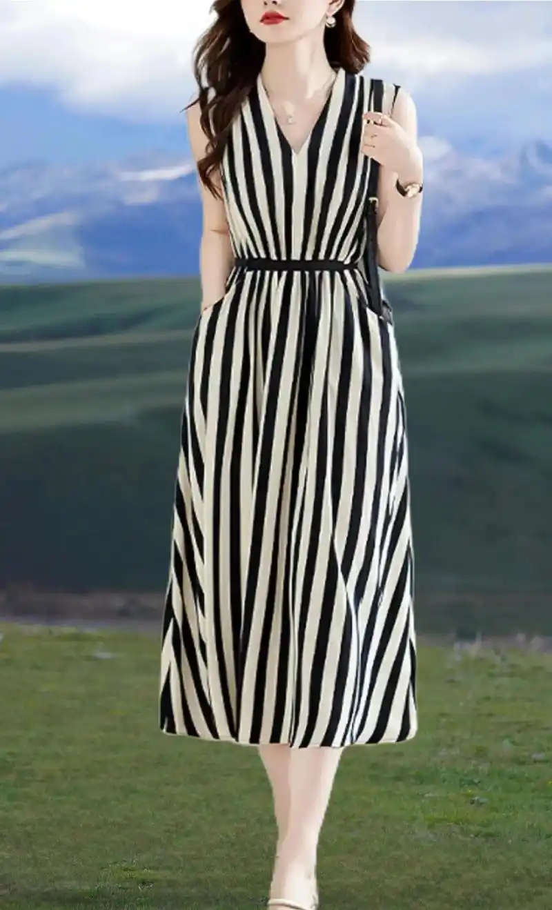 法式休闲宽松时尚百搭无袖女装连衣裙夏条纹设计高级感气质a字裙