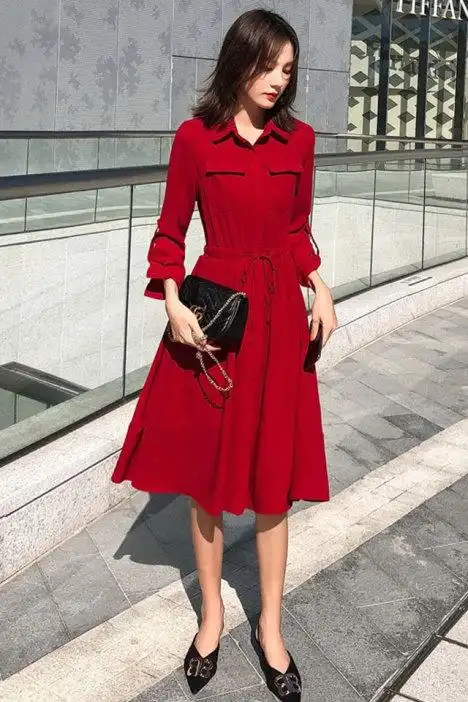 红色连衣裙本命年气质2019新款衬衫裙春装显瘦酒红色长裙女小心机抖音