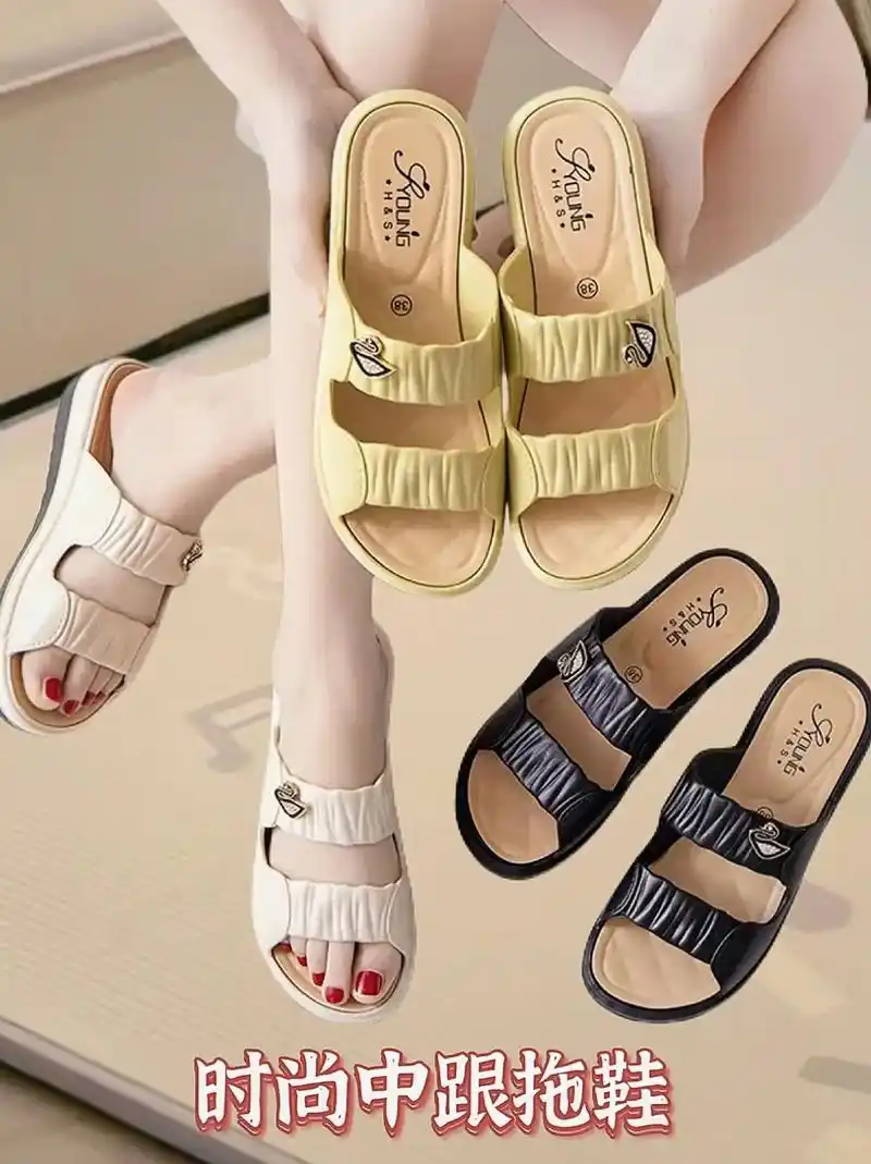 夏季踩屎感拖鞋!女士鞋软底面防滑耐磨好穿显高,家用时尚中跟妈妈鞋