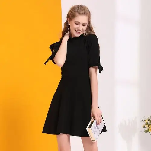 收腰a字裙子女2017秋装新款时尚韩版显瘦七分袖露肩针织连衣裙春