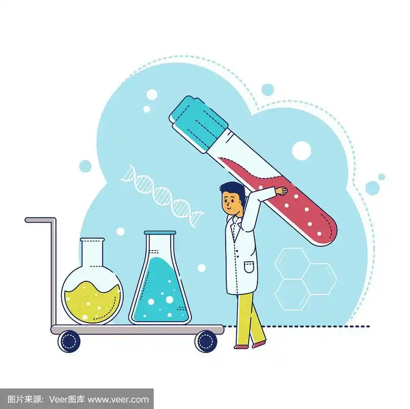线实验室研究矢量插图,卡通平面微型科学家人物制作实验测试在试管上