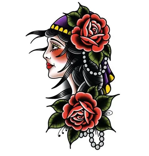 oldschool美女玫瑰纹身手稿 (2)