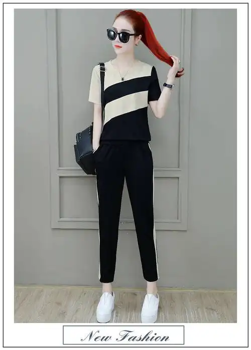 运动套装女2024夏新款韩版宽松大码短袖时尚跑步休闲两件套女 - 17网