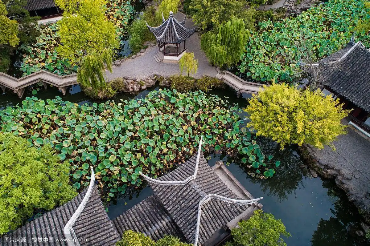 航拍苏州园林 拙政园 荷风四面亭