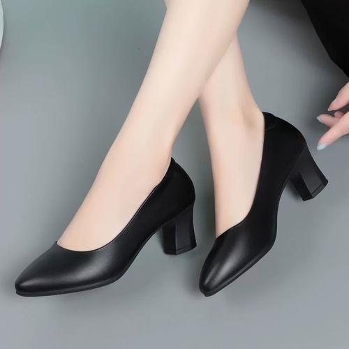 职业鞋春秋空姐久站工作鞋软底皮鞋高跟粗跟单鞋黑色面试工装女鞋